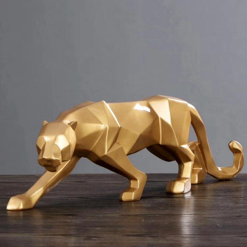 Geometric Golden Leopard Sculpture Statue Modern Abstract Leopard Resin Model Crafts Ornaments Home Office Bar Decoration