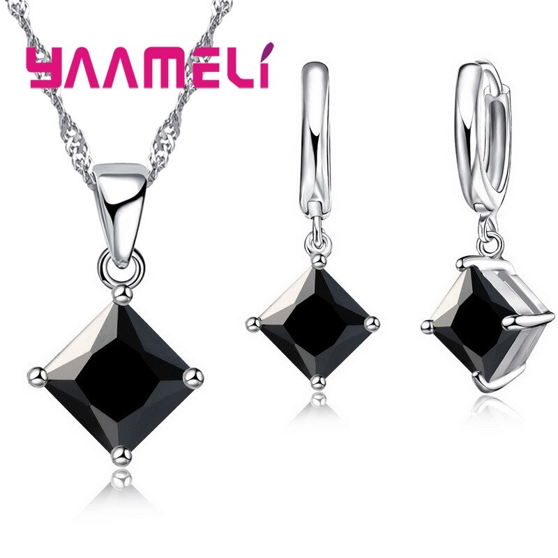 Mode Vrouwen Hangers Ketting Eenvoudige Geometrie Vierkante Oorbellen Kristal 925 Sterling Zilveren Sieraden Sets Voor Bruiloft: black