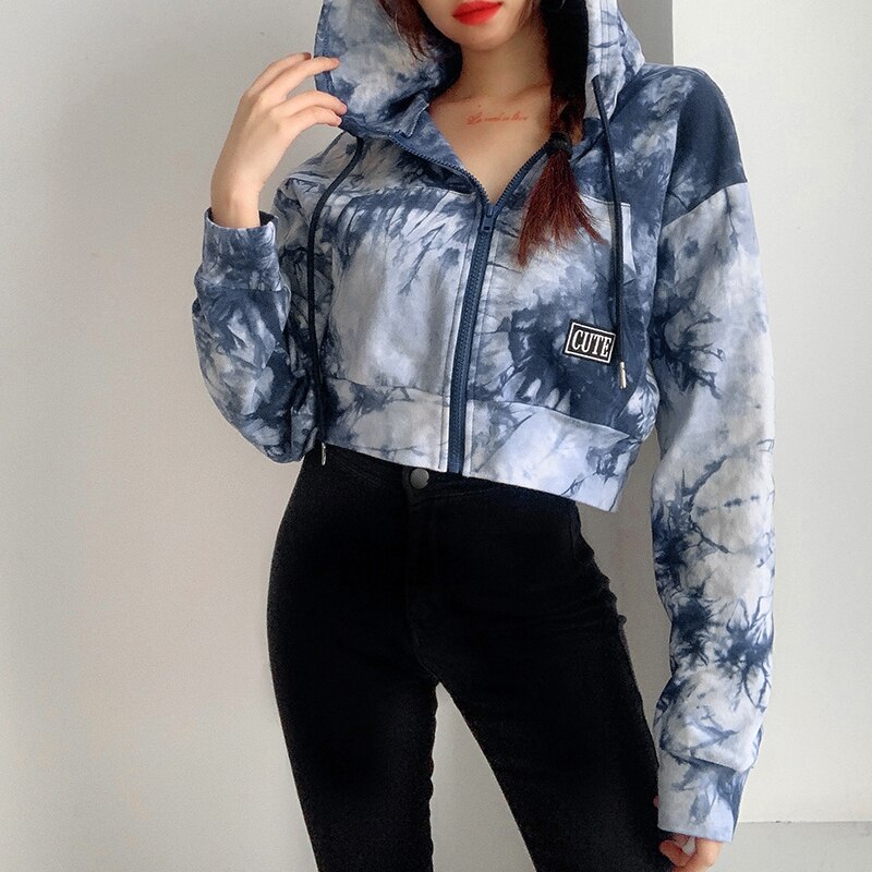 Heyoungirl efterårs tie dye print sweat cropped jakke kvinder harajuku casual langærmede frakker dame streetwear overfrakke