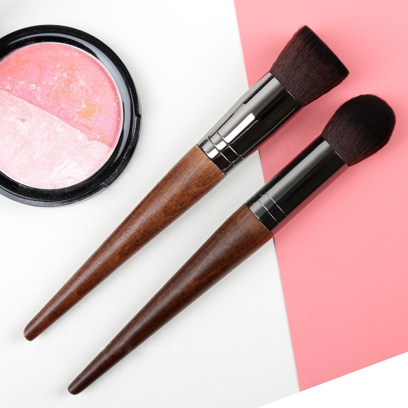 Vintage houten make-up kwastenset met platte kop, vloeibare foundation, magische kwast, mengstapel, geschikt voor schoonheidsproducten