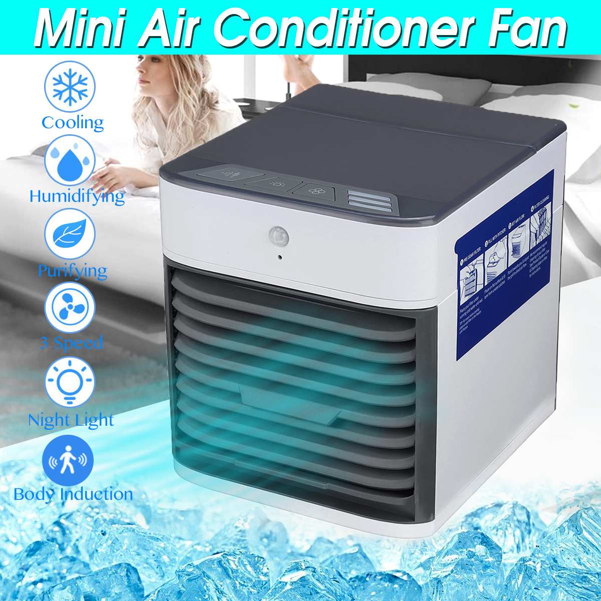 3 Speed Adjustable Portable Air Conditioner Mini Air Cooler Humidifier Purifier USB Household Office Bedroom Cooling Fan Desktop