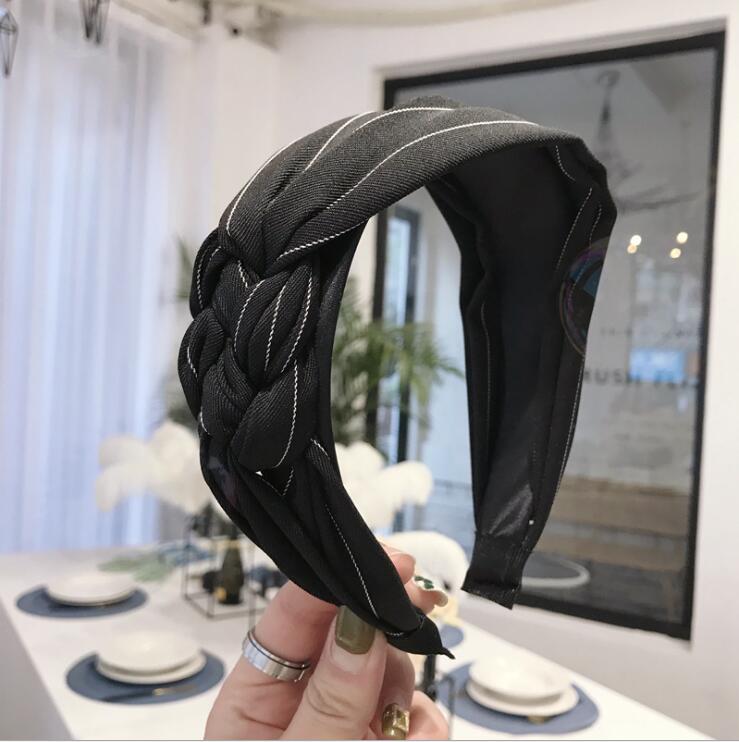 Fläta hårband kvinnor bred sida flerlagers kors knut pannband vuxen randigt klassiska huvudbonader turban håraccessoarer: Svart hårband