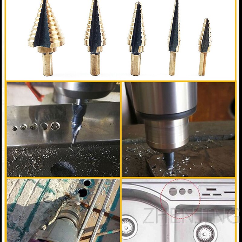 5pc pouces en aluminium boîte rôti jaune Triangle poignée étape perceuse pagode perceuse travail du bois trou ouvre ensemble