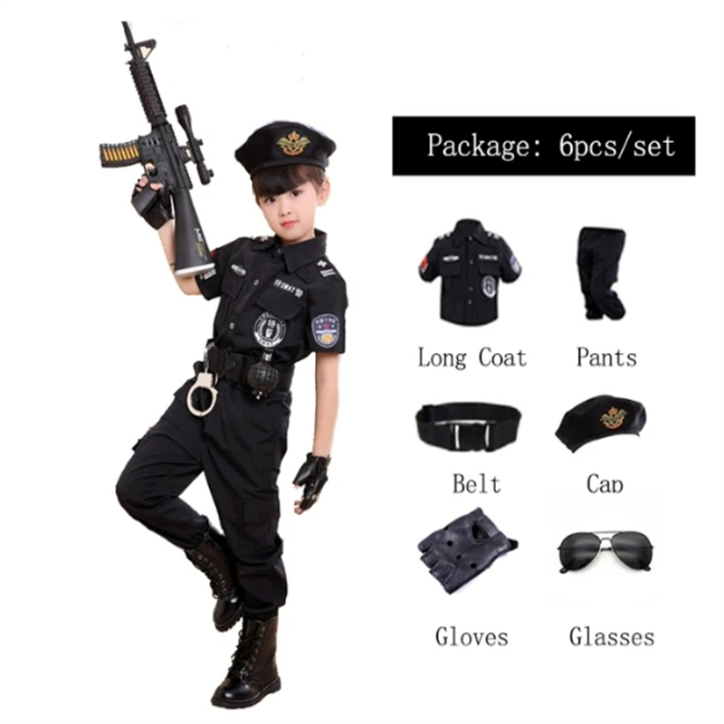 Costumes de policier du SWAT pour enfants, uniforme de police de carnaval pour enfants, armée, policier, soldat, Halloween, 110-160cm, 7 pièces, ensembles: XS / GRIS