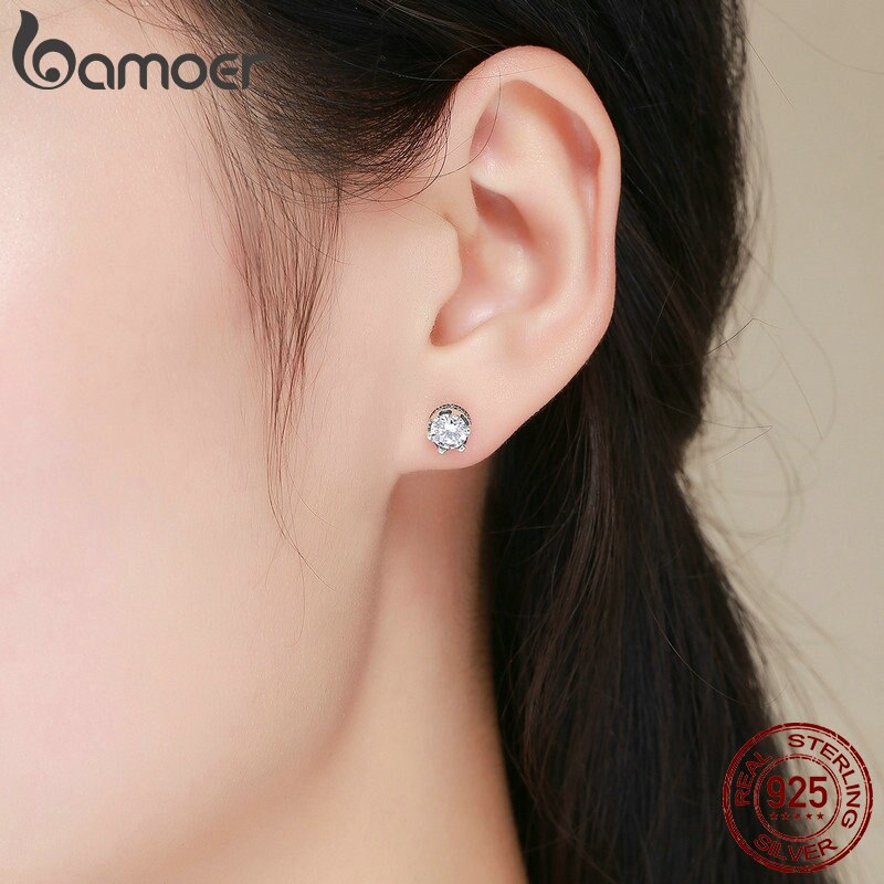 Bamoer 100% 925 Sterling Zilveren Kroon Prinses Lichtgevende Clear Cz Stud Oorbellen Voor Vrouwen Mode-sieraden SCE311