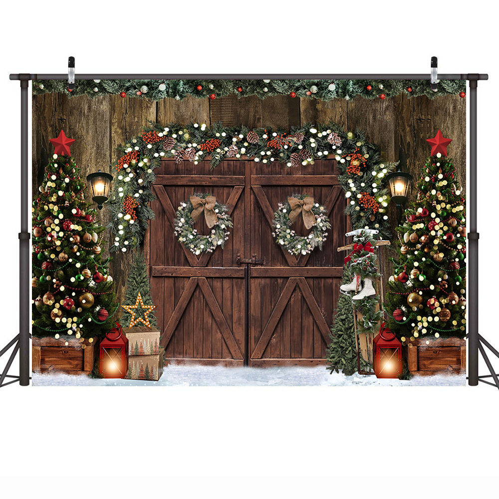 Winter Christmas Rustic Barn Wood Door Photo Backdrop Xmas Tree Snow Birthday Portrait Background Wreath Party Decor