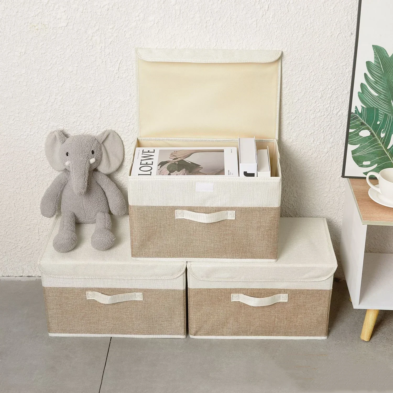Große Schrank-Organizer-Boxen mit Deckeln Zusammenklappbare Dekorative Aufbewahrungsboxen Stoffbehälter für Wohnzimmer, Studentenwohnheim, Kinderzimmer