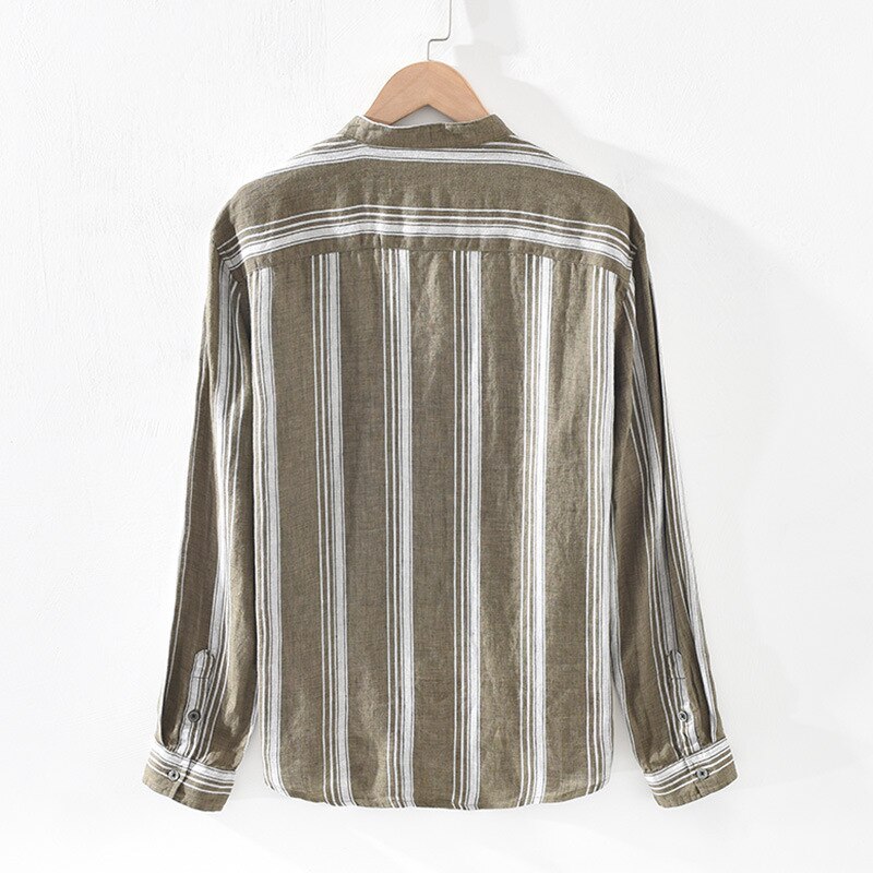 Retro overhemd voor heren zuiver linnen ademend gestreept mandarijnkraag casual gml 03-1937