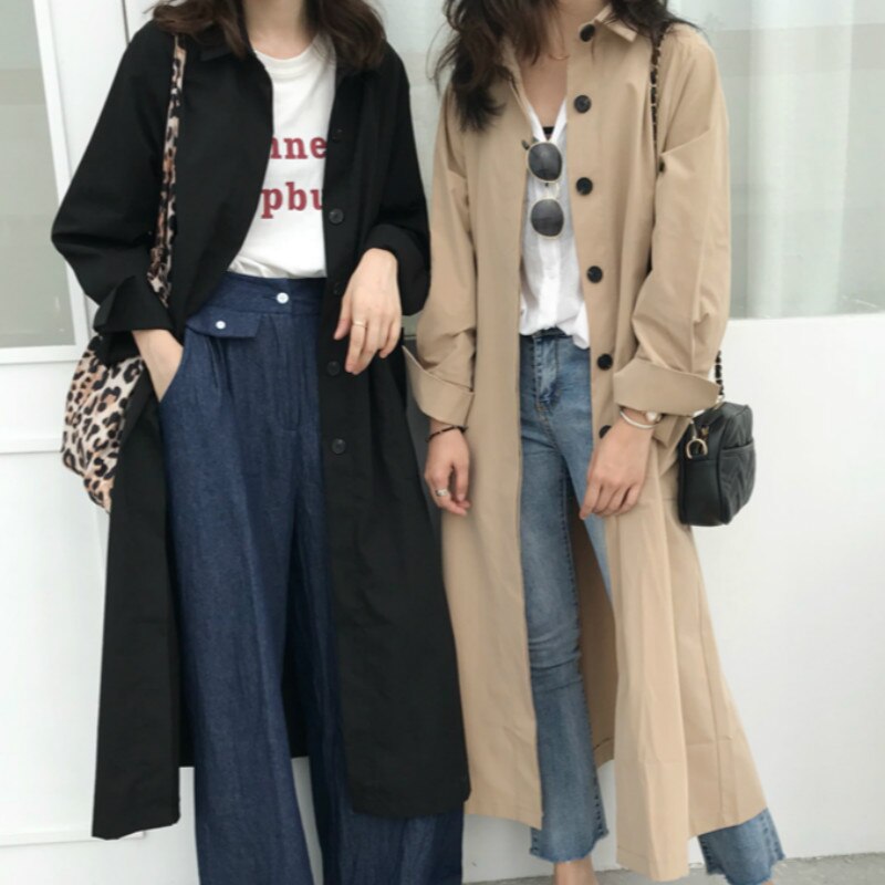 Kvinnor höst långärmad kappa lång trenchcoat kvinnlig fickkofta rak skjorta vindjacka manteau femme hiver överrock
