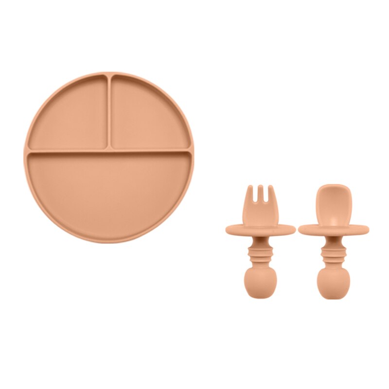 Solid Silicon Plate Set For Baby Kids Training Feeding Dinnerware Baby Learning Plate Set With Fork Spoon BPA Free: 3PCS Khaki