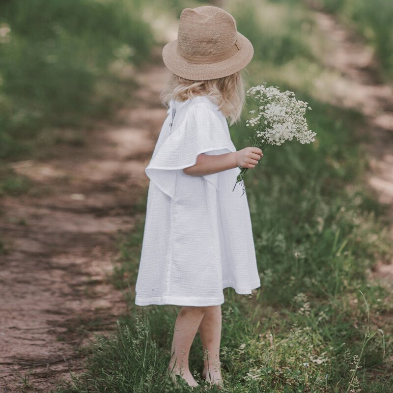 100% Cotton Pastoral Style Girls Dress Summer Casual Loose Petal Short Sleeve Sweet Princess Dresses Children Clothes TZ63