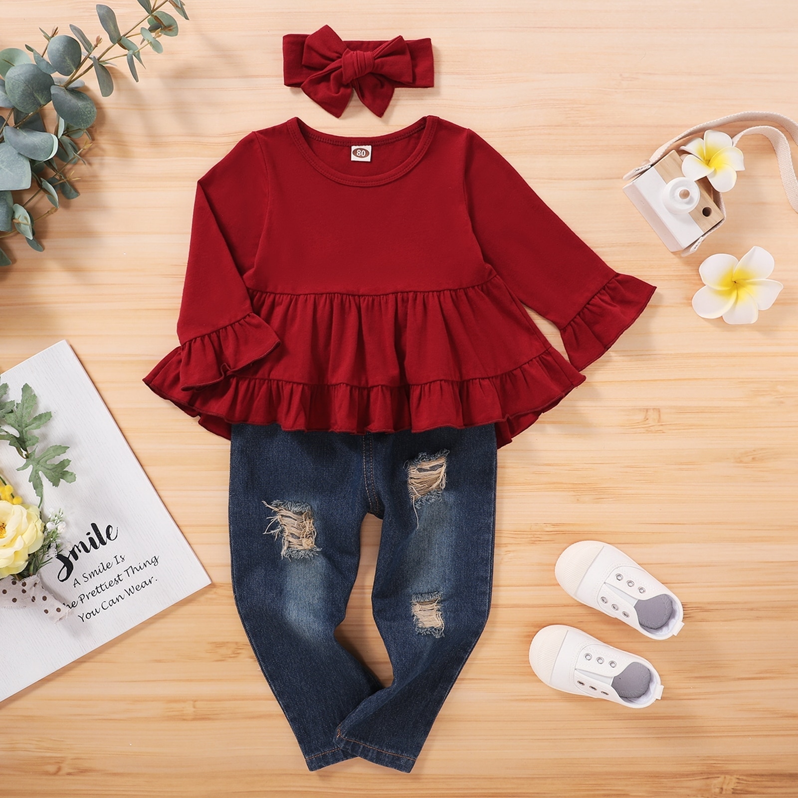 CYSINCOS Spring Children Sets Casual Long Sleeve Print Floral Dresses Denim Pants with Holes Casual 2Pcs Girls Clothes Sets: yellow / 100cm