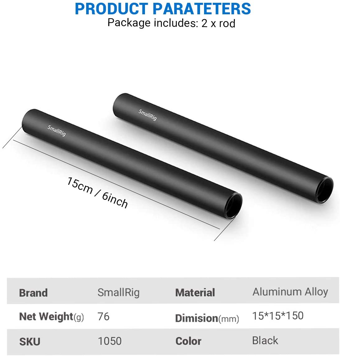 Petite tige en alliage d'aluminium noir 15mm 2 pièces (M12-15cm) 6 pouces-1050