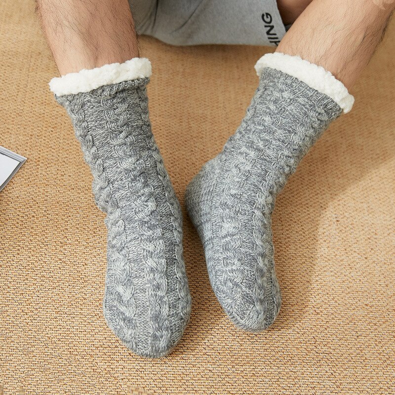 Fuzzy Sokken Effen Kleur Warm Pluche Zachte Gewatteerde Slipper Sok Slaap Kous Voor Mannen Jongens N66: GRAY