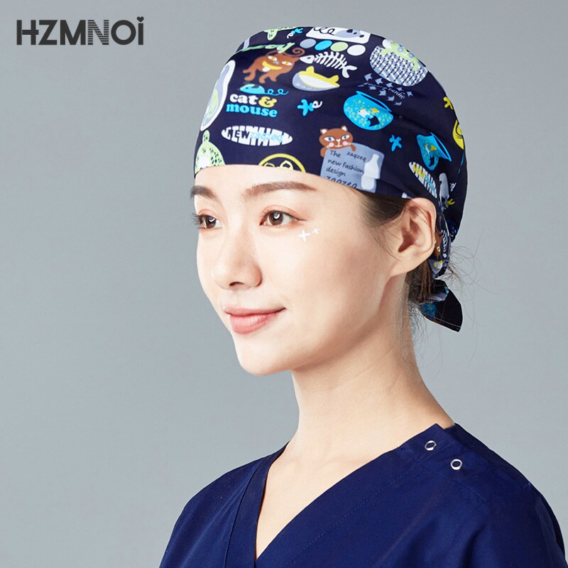 Dunkelblau Baumwolle Arzt Hut Cartoon Tier Krankenschwester Kosmetikerin Peeling Hut Hohe Kürbis Hut Chef Staub Turban Unisex