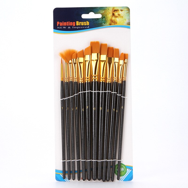 12PCS/lot Artistic Paint Brushes Set Watercolor Acrylic Oil Brush Nylon Long Drawing Pen School Student Stationery Art Supplies: 12PCS Black