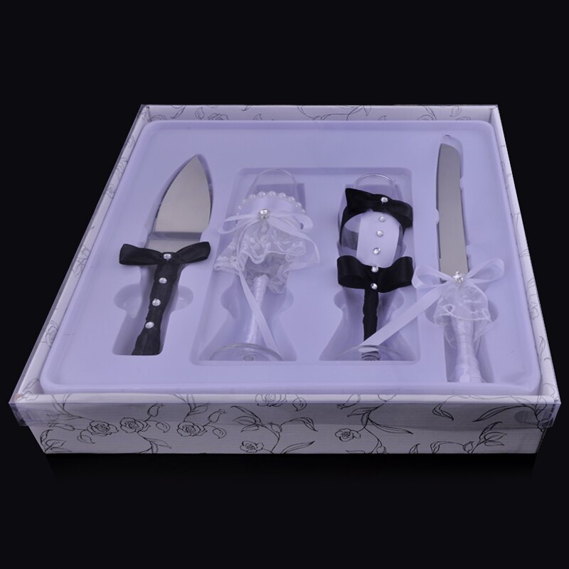 Couteau de service pour gâteau de mariage, ensemble de 4 pièces, manche de nœud de ruban, flûtes à Champagne décorées en diamant, coupe-gâteau, pelle, de fête: B