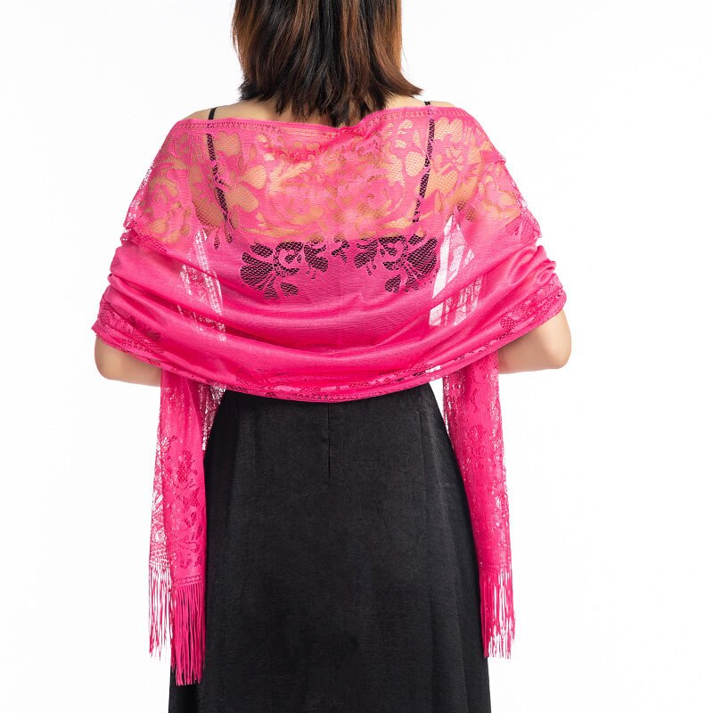 Kanten Sjaal Bruid En Bruidsmeisje Vrouwen Sjaal Wraps Party Holle-out Gehaakte Bloemen Tassel Tulle Sjaals Dames Retro Shawl: Rose Rood