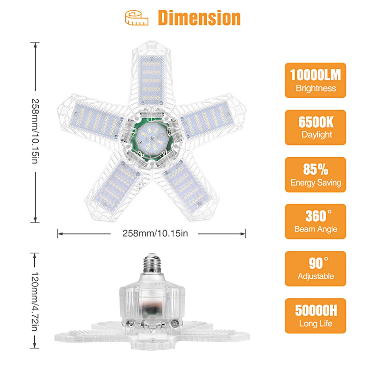 100W 5 Adjustable Panels LED Garage Light E26/E27 Deformable Ceiling Light Warehouse Lighting Bulb For Home Workshop
