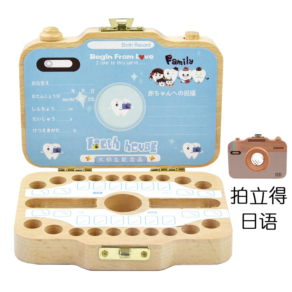 Baby houten tandendoos organizer melktanden opslag camera doos japans engels tanden verzamelen navelstreng bewaren baby tandendoos: Polaroid-japans