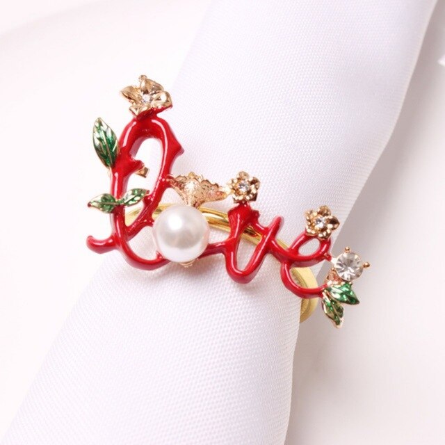 Kwiat róży obrączka na serwetki walentynki zielony liść kształt klamra robić serwetki składana tkanina pierścień stół weselny dekoracji: 7