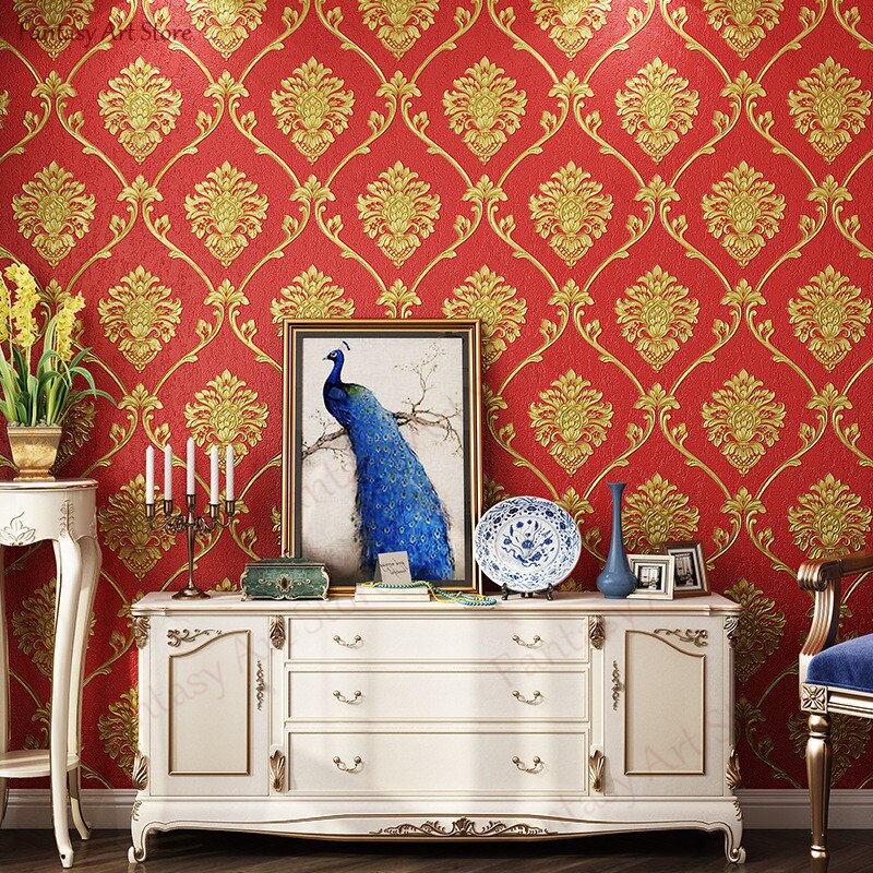 Milieuvriendelijke Verdikte Pvc Behang 3d Reliëf Europese Damascus Luxe Slaapkamer Woonkamer Tv Achtergrond Sticker