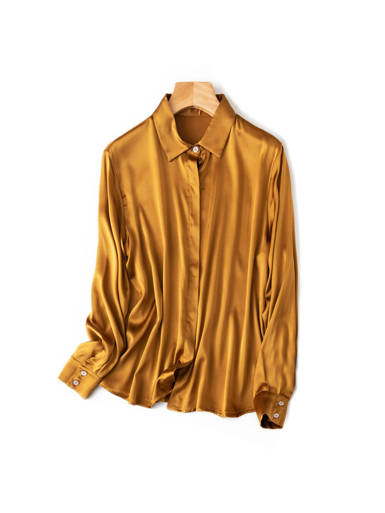 SuyaDream-camisas lisas de seda 93% auténtica para mujer, Blusa de manga larga de 7% licra, Top para oficina, primavera y otoño, 2022: XL / Oro