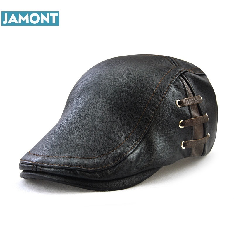 Jamont originale herrehat vintervisir kasket pu læder hatte baret bandage gorras mænd kasketter vinterkaskette: Sort