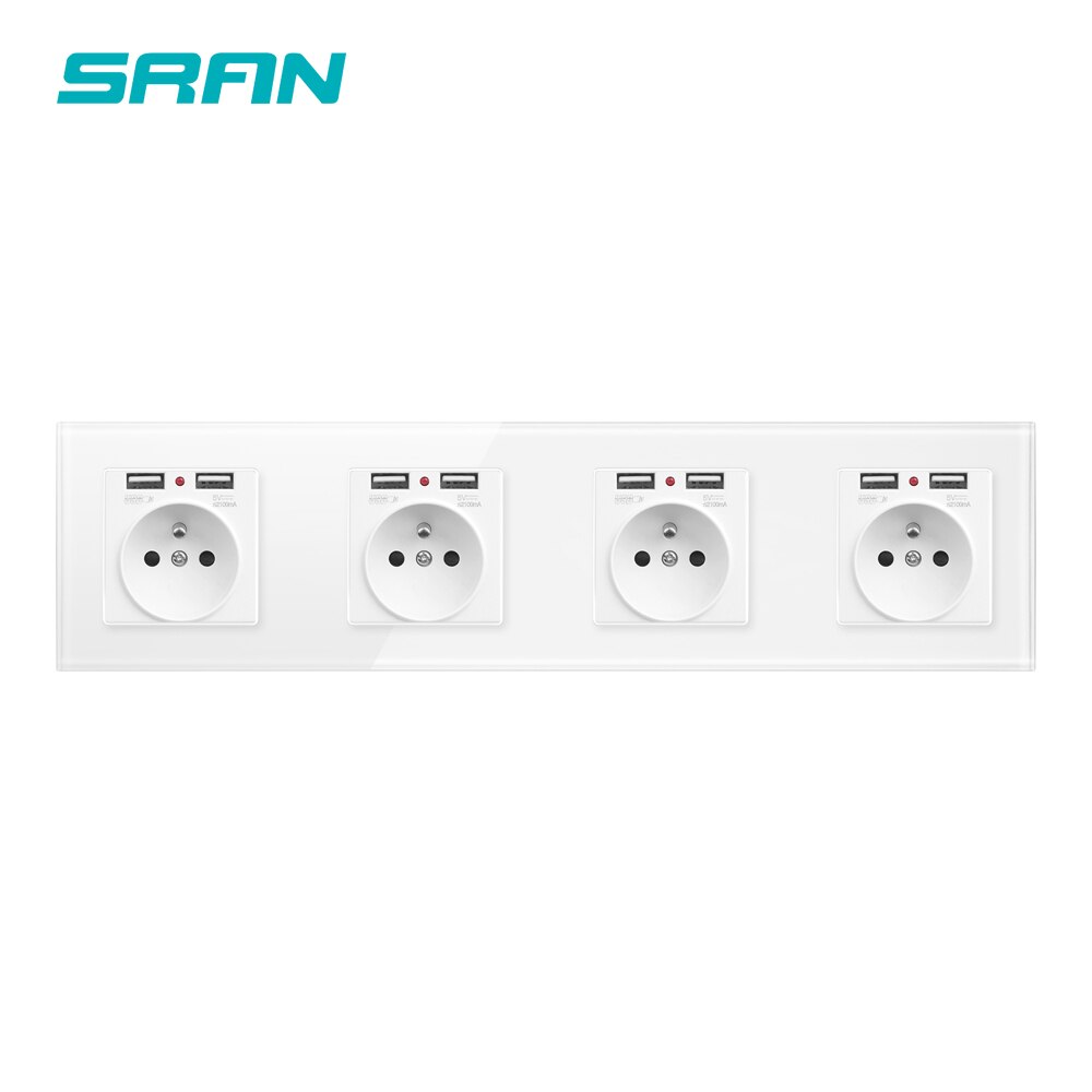 French standard wall power socket with USB socket strip 2/3/4/5 crystal tempered glass material panel luxury townhouse socket: 4 sockets with usb / White A6FR