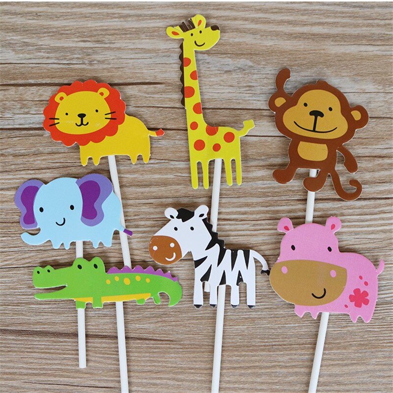 Zoo Cute Forest Animal Cake Toppers for Kid`s Birthday Decoration Monkey Giraffe Tiger Lion Cupcake Toppers Birthday Cakes: flag 7pcs