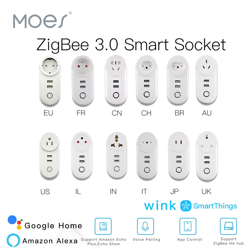 ZigBee 3.0 Smart Socket Plug met 2 USB Interface Remote Voice Control Werk met SmartThings Knipoog Echo Plus en Meest zigbee Hub