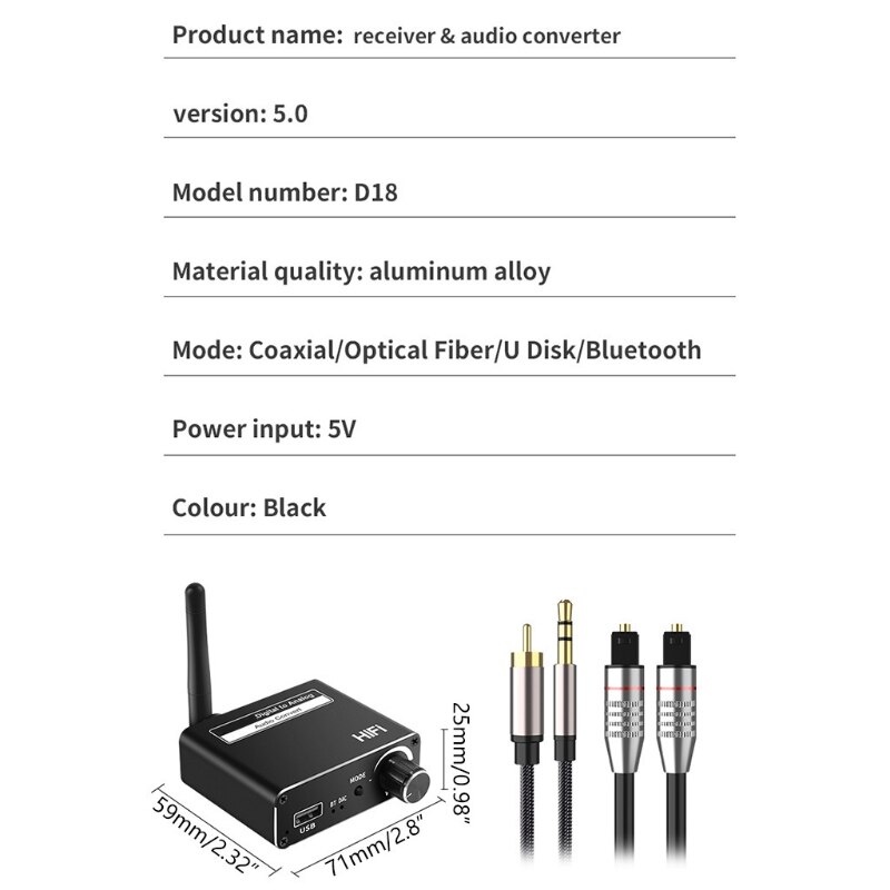 Kompaktowy dysk U cyfrowo-analogowy Adapter koncentryczny Toslink trwały konwerter Audio kompatybilny z Bluetooth 5.0 odbiornik DAC