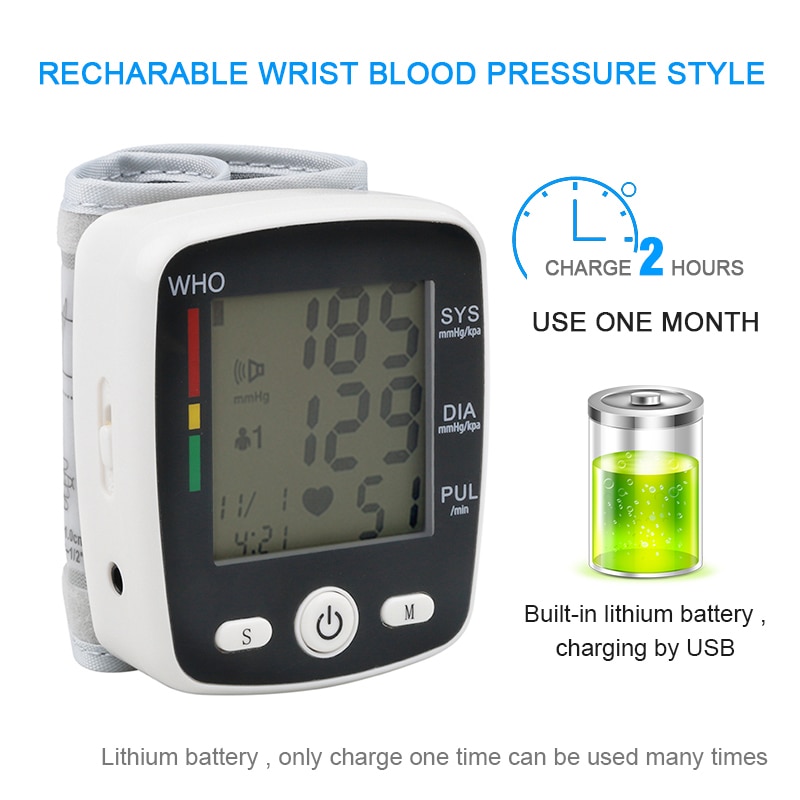 Genopladelig sundhedsvæsen automatisk håndleds blodtryksmåler digital lcd håndled manchet blodtryksmåler esfingomanometro