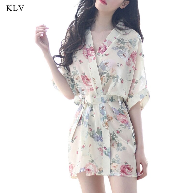 KLV-Bata Floral para mujer, vestido de novia, Kimono de boda, ropa de dormir, de estilo corto: Blanco
