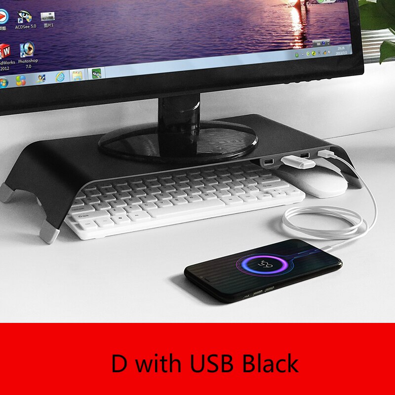 Monitor Holder Laptop TV PC Monitor Stand Aluminum Alloy Computer Mount Monitor Bracket Home Office PC Desktop Monitor Riser: Dwith USB Black