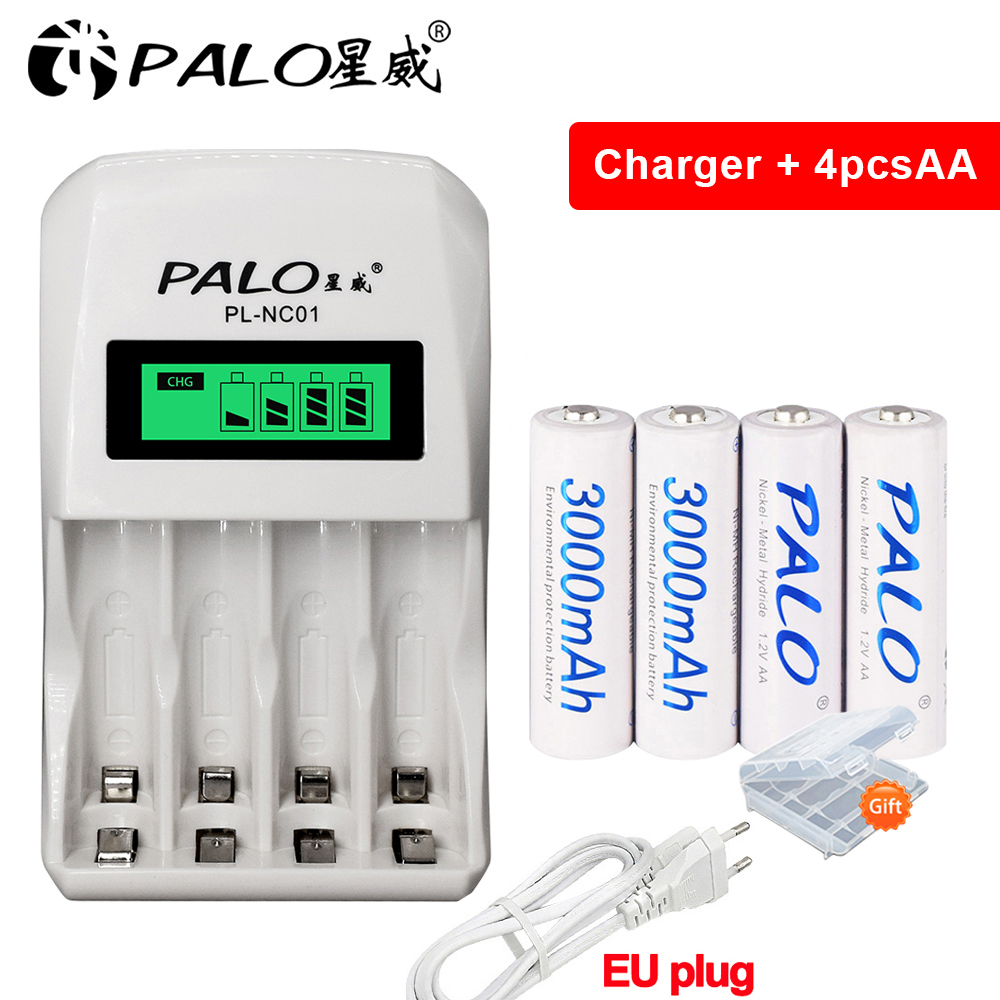 Palo 1.2v aa nabíjateľná batéria  + 1.2v aaa nabíjacie batérie s inteligentnou aa nabíjačkou batérií pre 1.2v ni-mh aa aaa batérie: 4 aa 1