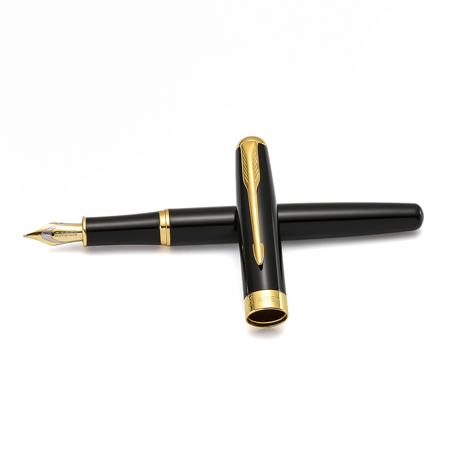 Elite Fountain Ink Pen, Gold Arrow Clip Metal Steel Polished Barrel, Medium Tip, Baoer 388 Office Signature School Student A6298