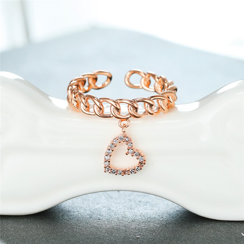 Minimalist Female White Crystal Open Ring Charm Silver Color Wedding Rings For Women Cute Hollow Heart Pendant Engagement Ring: rose gold