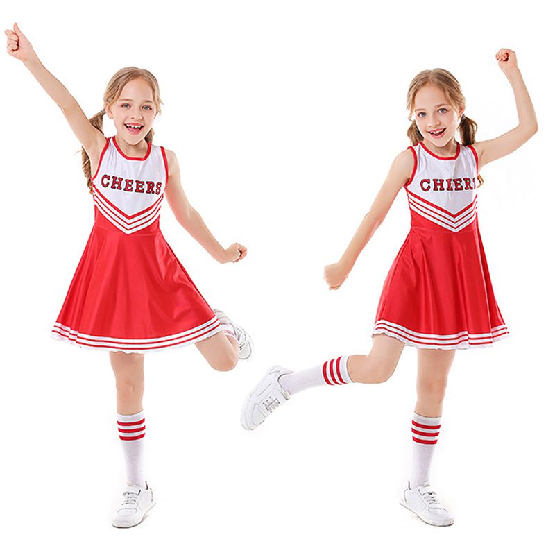 Children Cheerleader Costume School Girl Outfits Fancy Dress Cheer Leader Uniform Team Sports Uniforms Belly Button Tight Skirt