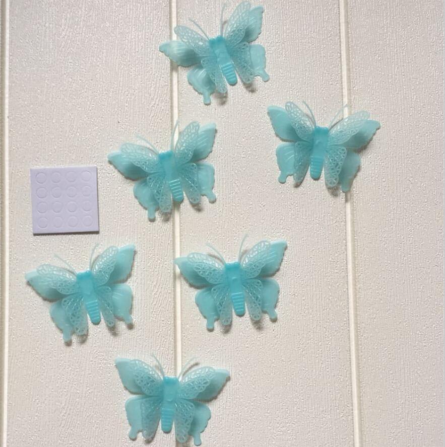 6 pcs/ pack Three-dimensional Butterfly Luminous Toy Glow in Dark Toys Room Stickers for Kids Bedroom Random color: blue