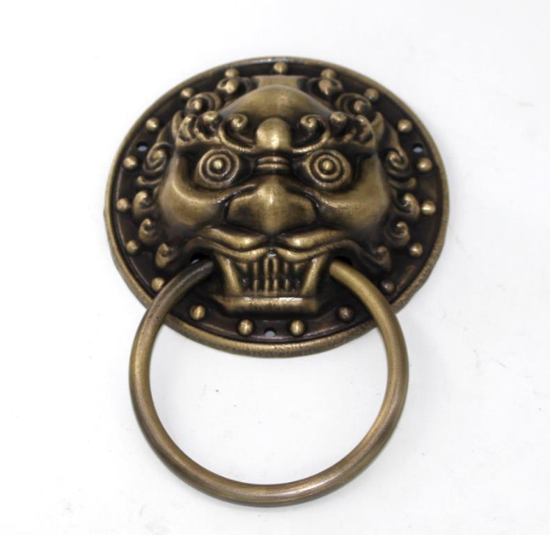 Timbre de puerta antiguo chino Dia 9,8 cm antiguo de cobre puro León cabeza puerta manija Puerta de cajón tirador de puerta Puerta de puerta manija de la puerta: bronze / 2 pcs