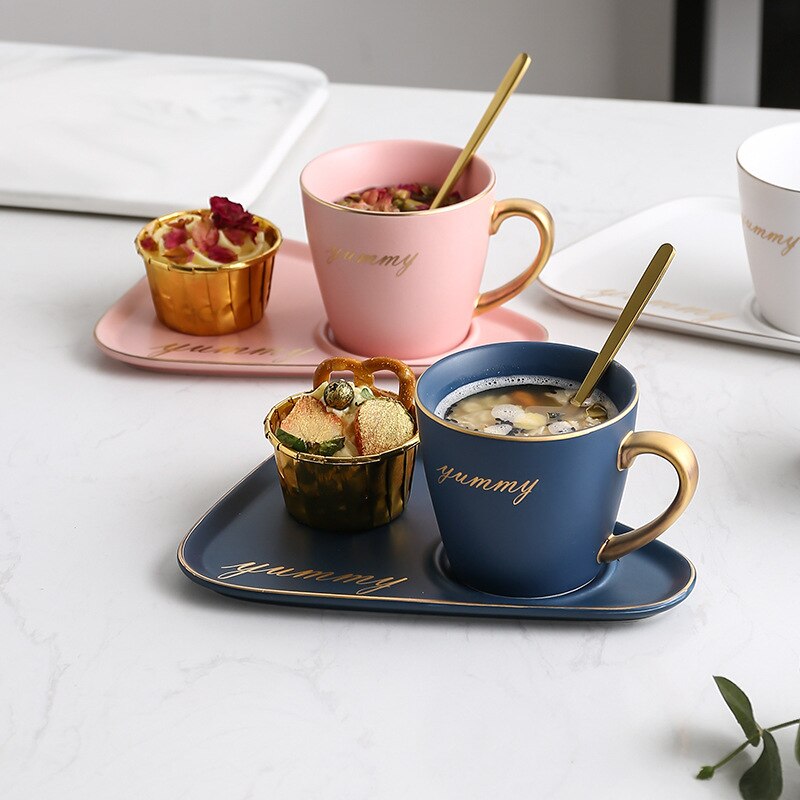 Creatieve Keramische Koffie Set Porseleinen Koffie Kop En Lade Met Gratis Lepel 250 Ml Nordic Stijl Tonen Plaat Voor Photogragh