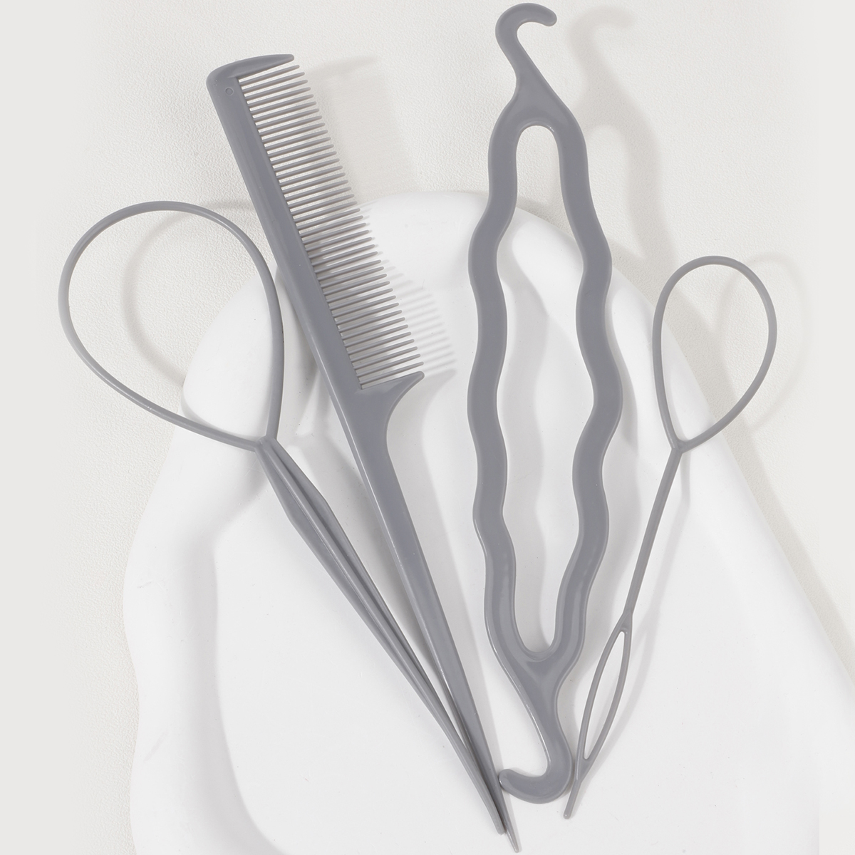 Ensemble de coiffure 4 pièces, coupe-élastique, peigne à queue de souris, outils de coiffure, accessoires de tresse de cheveux, fabricant de queue de cheval: GRIS