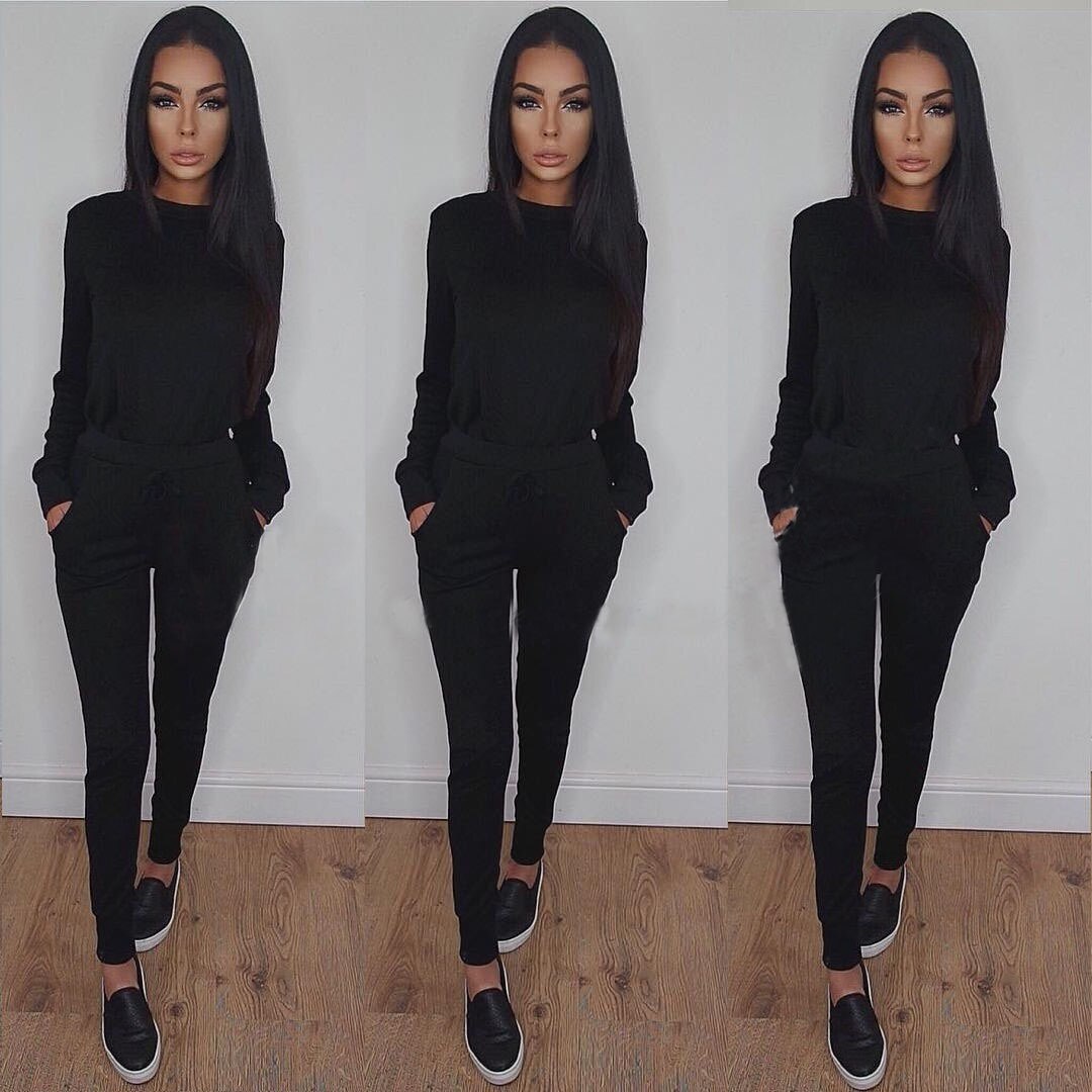 Solid sex Suit Set Women Tracksuit Two-piece Style Outfit Sweatshirt Sport Wear: Black / M