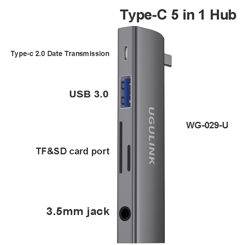 UGULINK Type-C USB 5 in 1 Hub to TF/SD 3.5mm Headphone Jack Adapter Cables Card Read For Samsung Xiaomi Huawei iphone 15 pro: WHITE
