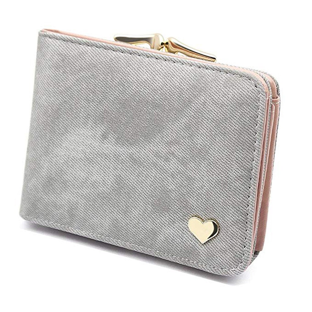 Women Wallet Pu Short Cute Heart Wallet Folding Wallets Clutch Pu Card Holder Ladies Purses Cute Mini Purse Carteras Mujer #YJ: Gray