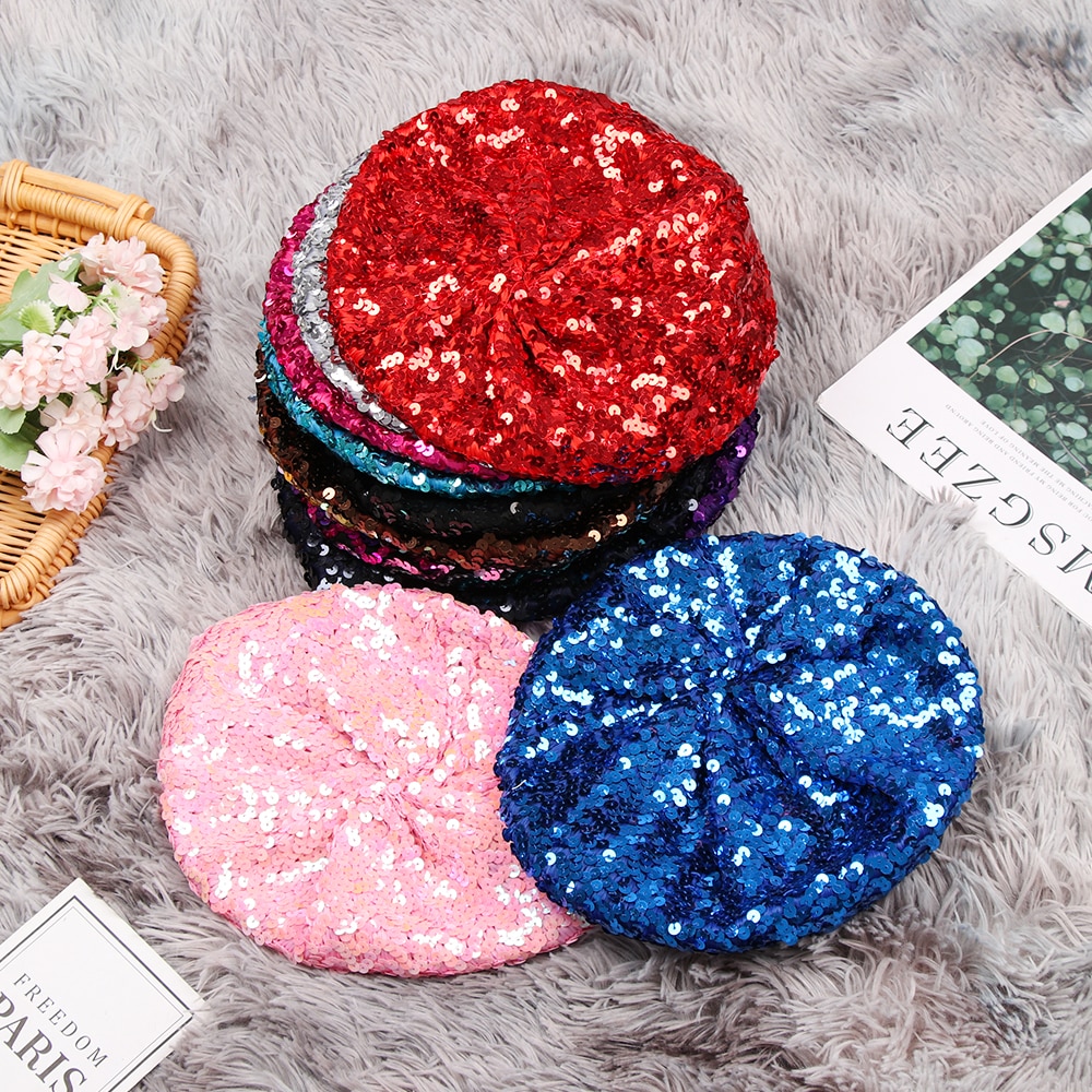 Kvinder pailletter hat skinnende kostume jazz glitter dans baret rund kasket dame tilbehør hue baret hat britisk stil