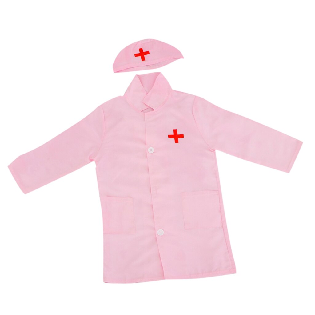 Børns langærmet lægeuniform, børnesygeplejerske kostume laboratoriekåbe & kasket foregive leg kjole dragt sæt: Lyserød