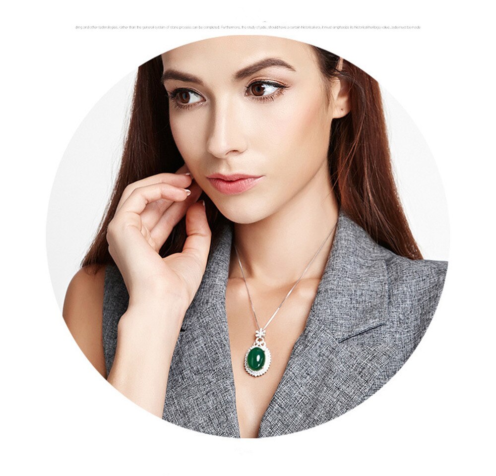 Luxury green jade pendant necklace for women, emerald gemstone, zircon, diamond, white gold, silver color, party jewelry