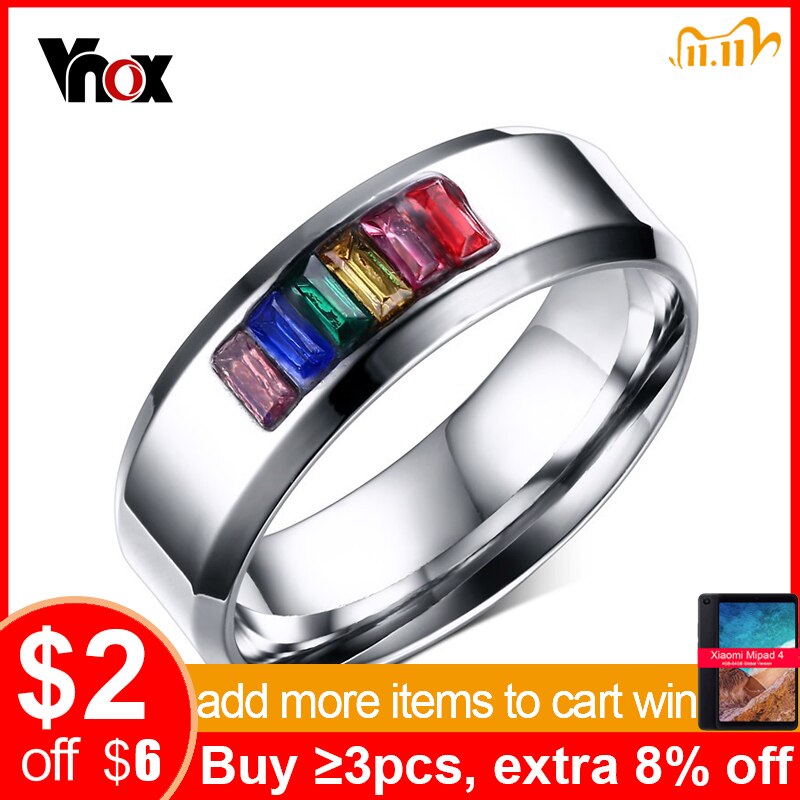 Vnox Crystal Ring voor Vrouwen 316l Rvs Vrouwelijke Regenboog Kleur Steen Ring